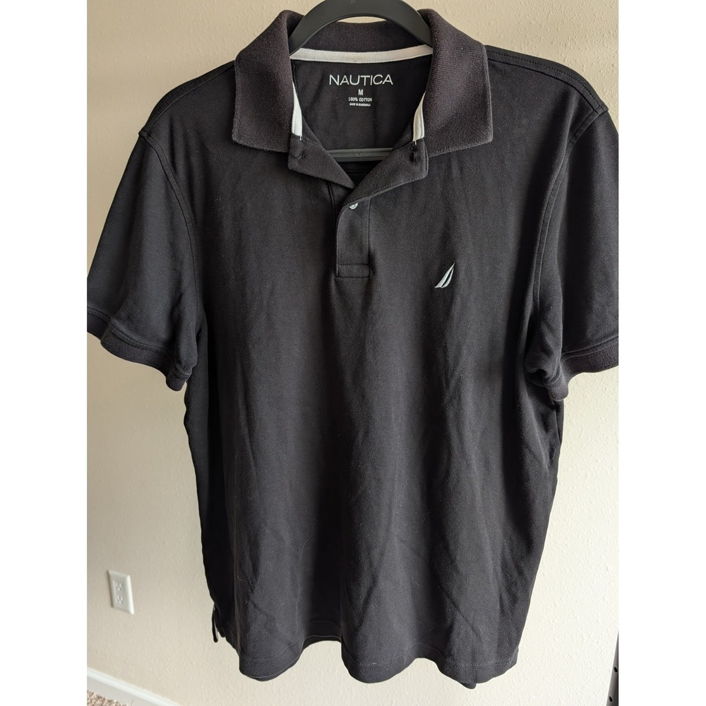 Nautica Mens Medium Black Short Sleeve Cotton Polo Shirt Logo Classic
